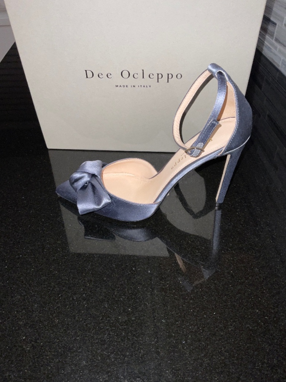 Dee Ocleppo Dark Gray Satin Pointed-Toe Ankle-Strap Heels